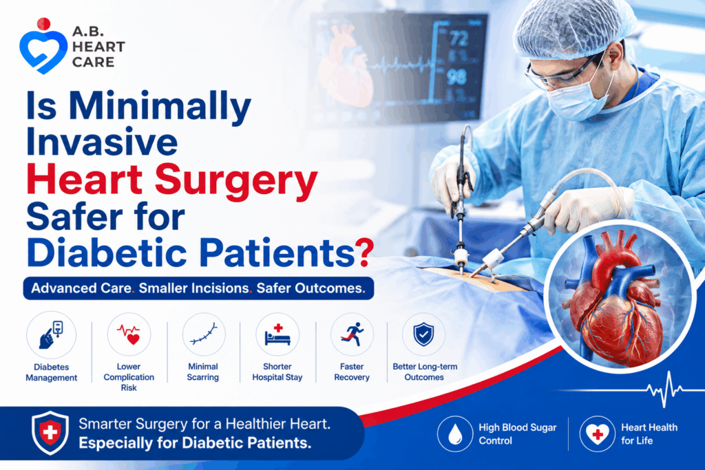 Infographic explaining how minimally invasive heart surgery can be a safer option for diabetic patients, with benefits such as smaller incisions, lower infection risk, shorter hospital stay, and faster recovery.