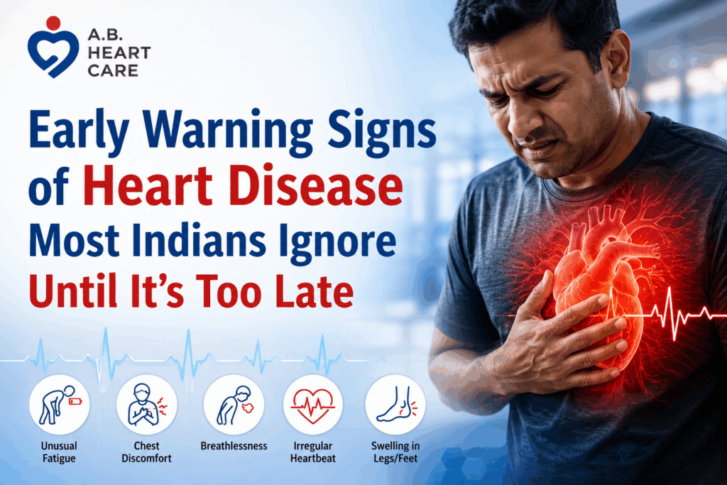 Early warning signs of heart disease including chest discomfort, breathlessness, fatigue, irregular heartbeat, and swelling in legs