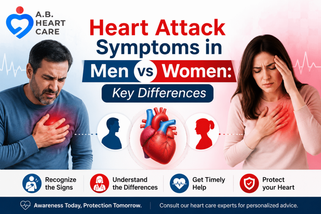 Heart attack symptoms in men vs women showing key differences in warning signs and the importance of timely heart care.